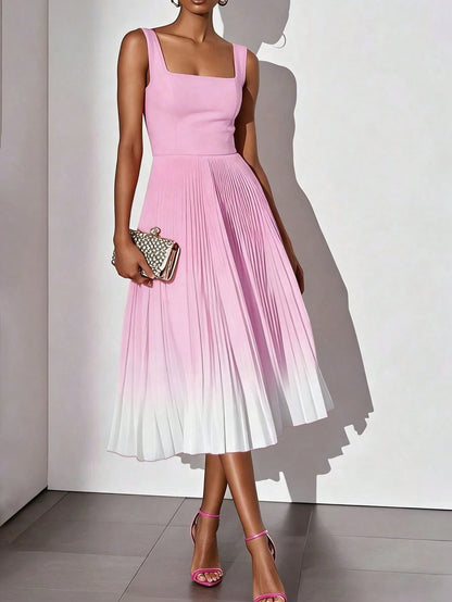 Solid Color Casual Elegant Sleeveless Zipper Ombre Pleated Dress, Evening Gown Summer, Quiet Luxury