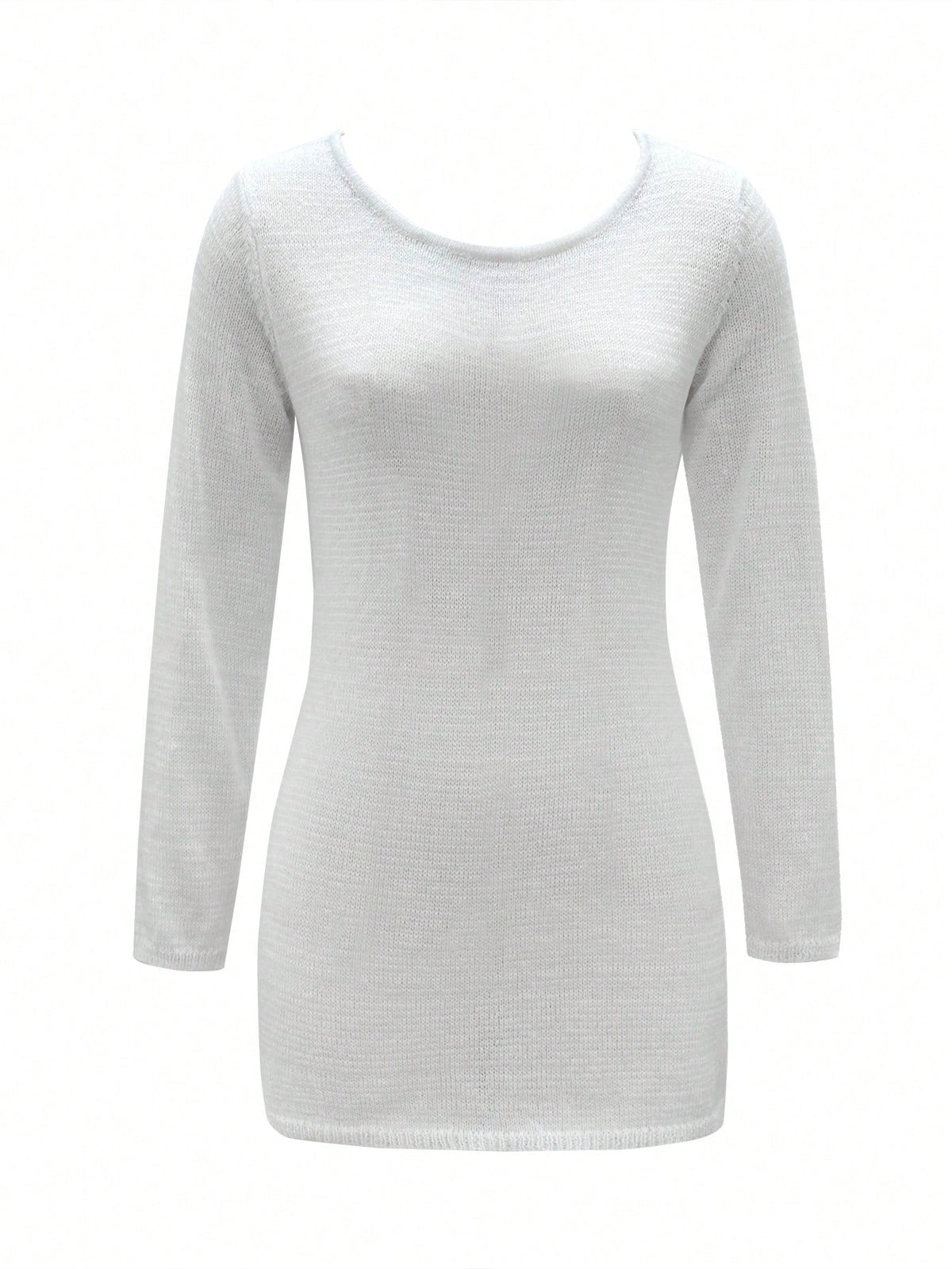 Solid Color Sexy Backless Beach Knit Dress, Long Sleeve Sheer Knit Cover Up, Tie Back Midi Dress For Dates, Parties, Travel, Spring/Summer Vacation White