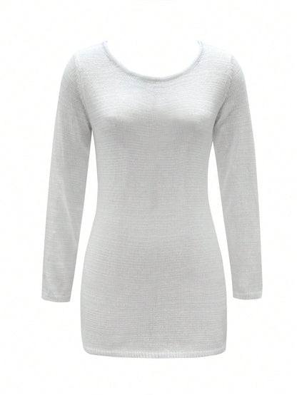 Solid Color Sexy Backless Beach Knit Dress, Long Sleeve Sheer Knit Cover Up, Tie Back Midi Dress For Dates, Parties, Travel, Spring/Summer Vacation White