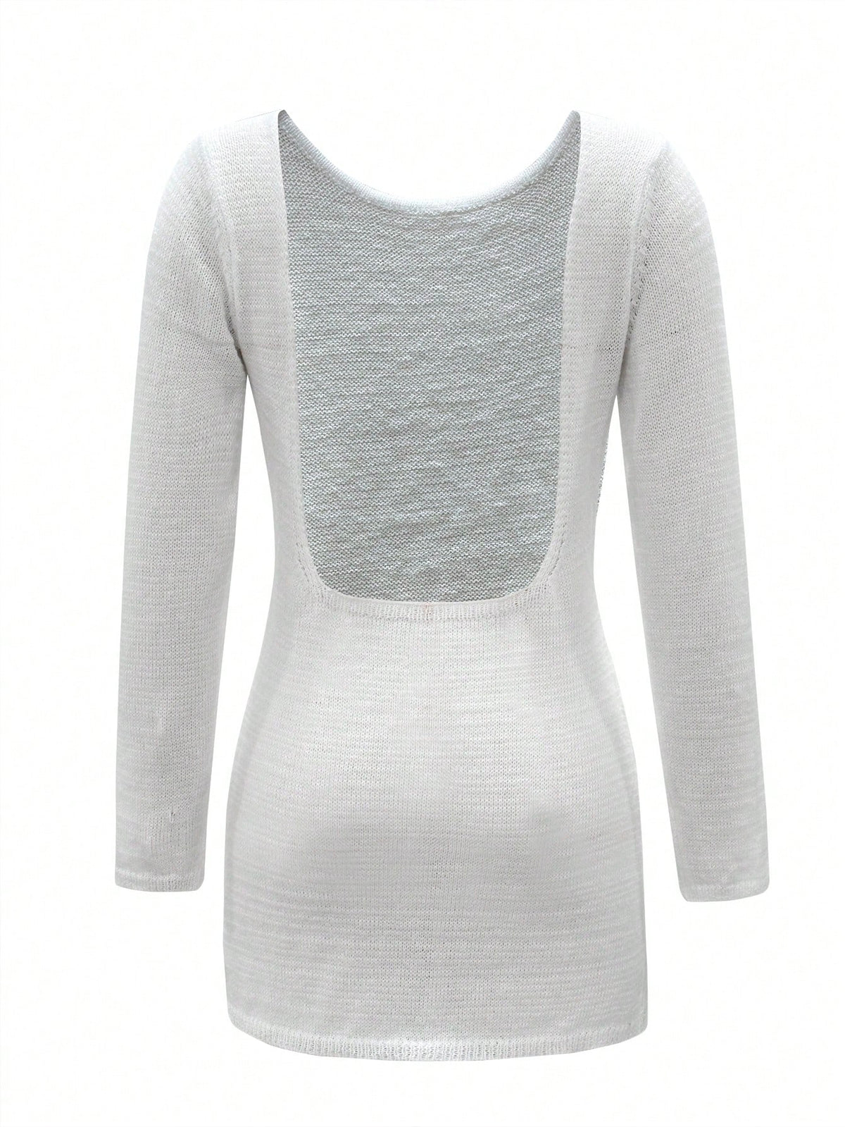 Solid Color Sexy Backless Beach Knit Dress, Long Sleeve Sheer Knit Cover Up, Tie Back Midi Dress For Dates, Parties, Travel, Spring/Summer Vacation White