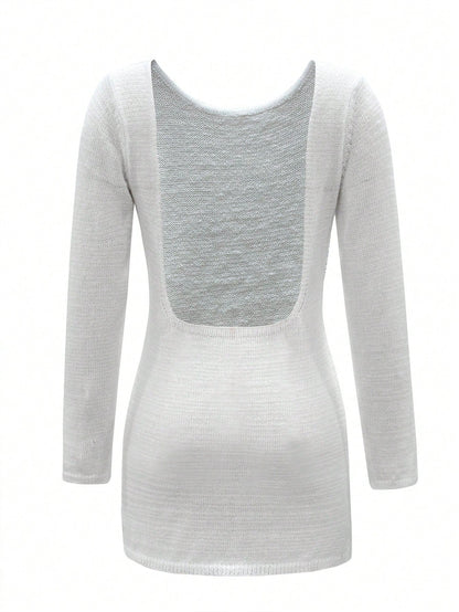 Solid Color Sexy Backless Beach Knit Dress, Long Sleeve Sheer Knit Cover Up, Tie Back Midi Dress For Dates, Parties, Travel, Spring/Summer Vacation White