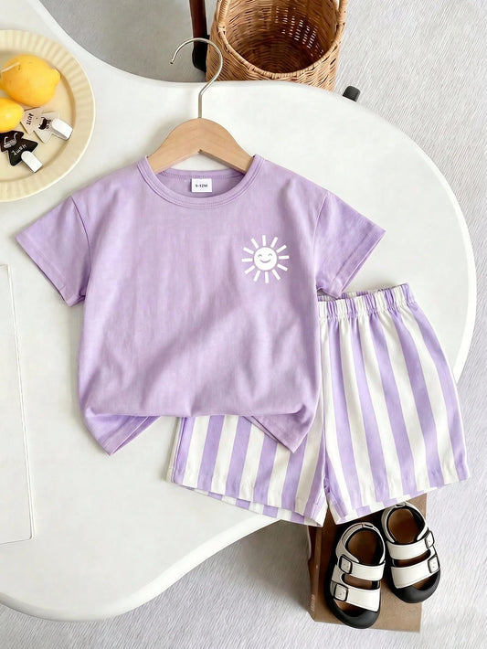 Souflis Souflis [2 Pieces]Baby Girl, Fresh & Soft/ Korean Minimalist/ Energetic & Cute/ Casual Versatile Style Light Purple Sun Print Short Sleeve + Purple & White Striped Shorts Set, Thin Fabric