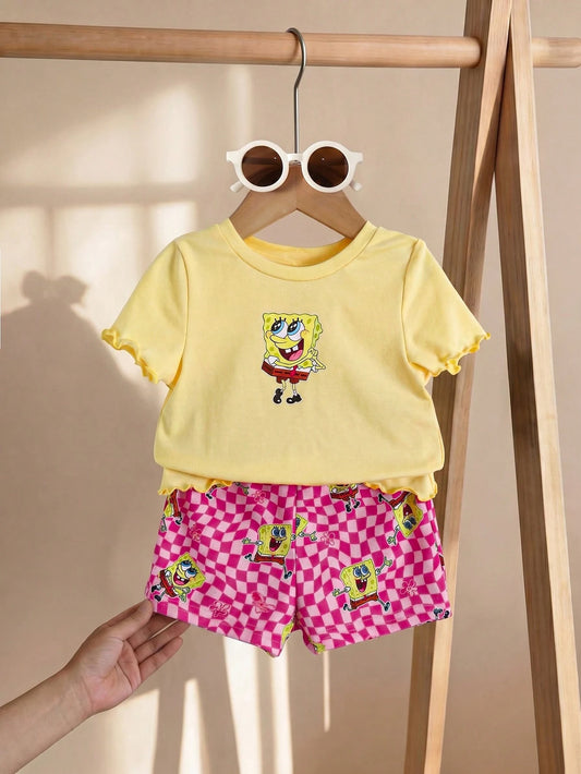 SpongeBob SquarePants| Baby Girl Summer Casual Vacation Daily Commute Cute Cartoon Print Lettuce Trim Short Sleeve T-Shirt And Checkerboard Shorts Set