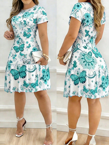 Spring/Summer Best-Seller New Versatile Dress For Dates, Home, Vacation, Camping, Beach, Photography, Dancing, Parties, Shopping, Fresh Butterfly & Floral Print, Mother's Day, Round Neck, Short Sleeve
