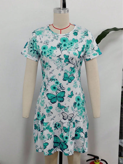 Spring/Summer Best-Seller New Versatile Dress For Dates, Home, Vacation, Camping, Beach, Photography, Dancing, Parties, Shopping, Fresh Butterfly & Floral Print, Mother's Day, Round Neck, Short Sleeve