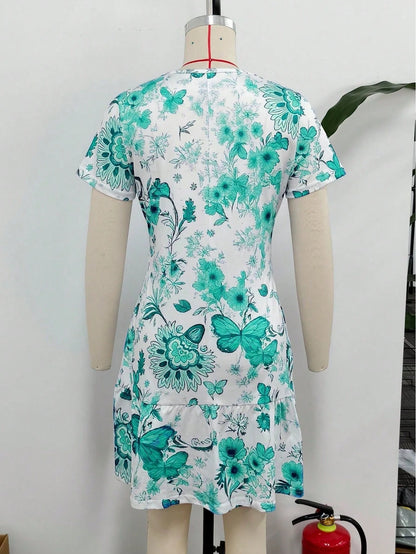 Spring/Summer Best-Seller New Versatile Dress For Dates, Home, Vacation, Camping, Beach, Photography, Dancing, Parties, Shopping, Fresh Butterfly & Floral Print, Mother's Day, Round Neck, Short Sleeve