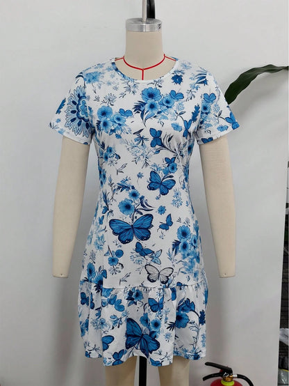 Spring/Summer Best-Seller New Versatile Dress For Dates, Home, Vacation, Camping, Beach, Photography, Dancing, Parties, Shopping, Fresh Butterfly & Floral Print, Mother's Day, Round Neck, Short Sleeve