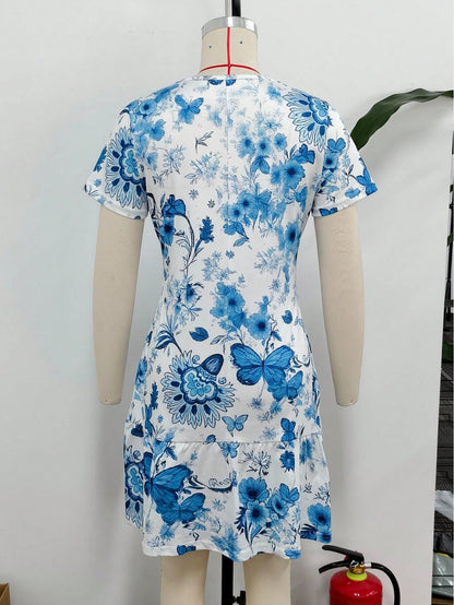 Spring/Summer Best-Seller New Versatile Dress For Dates, Home, Vacation, Camping, Beach, Photography, Dancing, Parties, Shopping, Fresh Butterfly & Floral Print, Mother's Day, Round Neck, Short Sleeve