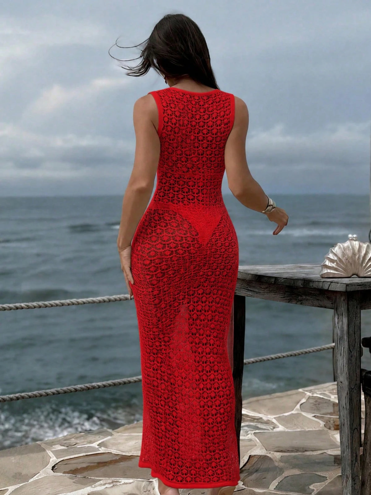 Spring/Summer New Women's Red V-Neck Tie-Up Fitted Knit Maxi Dress, Y2K Bohemian Hollow Out Elegant Casual Beach Vacation Maxi Dress