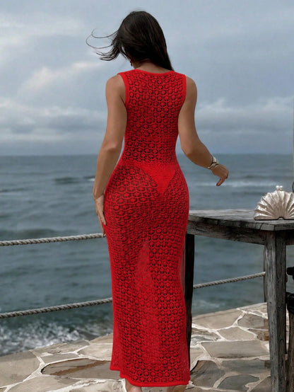 Spring/Summer New Women's Red V-Neck Tie-Up Fitted Knit Maxi Dress, Y2K Bohemian Hollow Out Elegant Casual Beach Vacation Maxi Dress