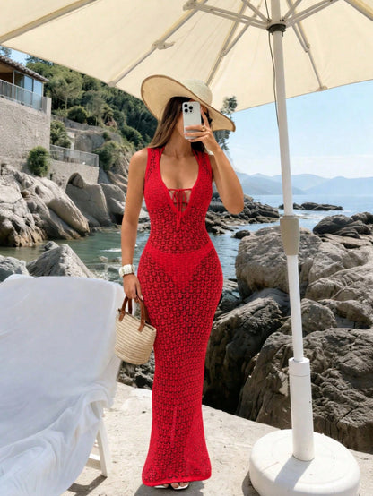 Spring/Summer New Women's Red V-Neck Tie-Up Fitted Knit Maxi Dress, Y2K Bohemian Hollow Out Elegant Casual Beach Vacation Maxi Dress