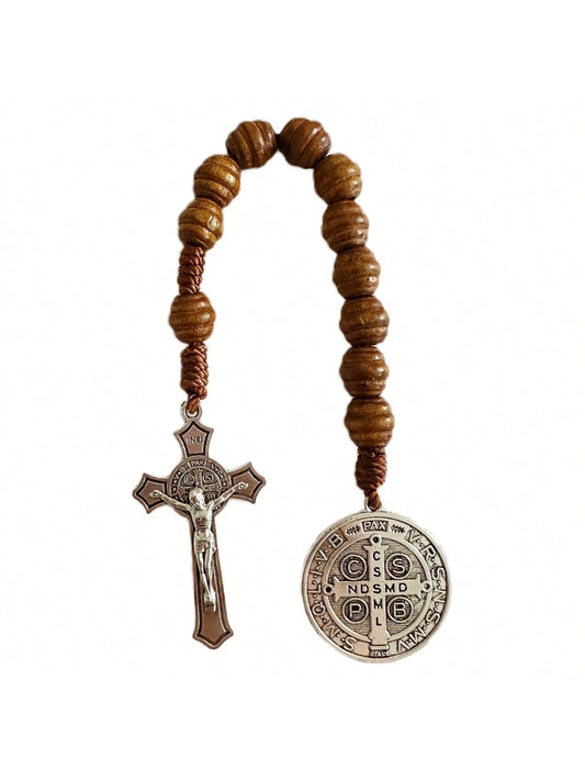 St. Benedict Medal Prayer Pocket Rosary, Brown Wooden Beads With St. Benedict Medal, 9 Inches, Men's Easter Gift