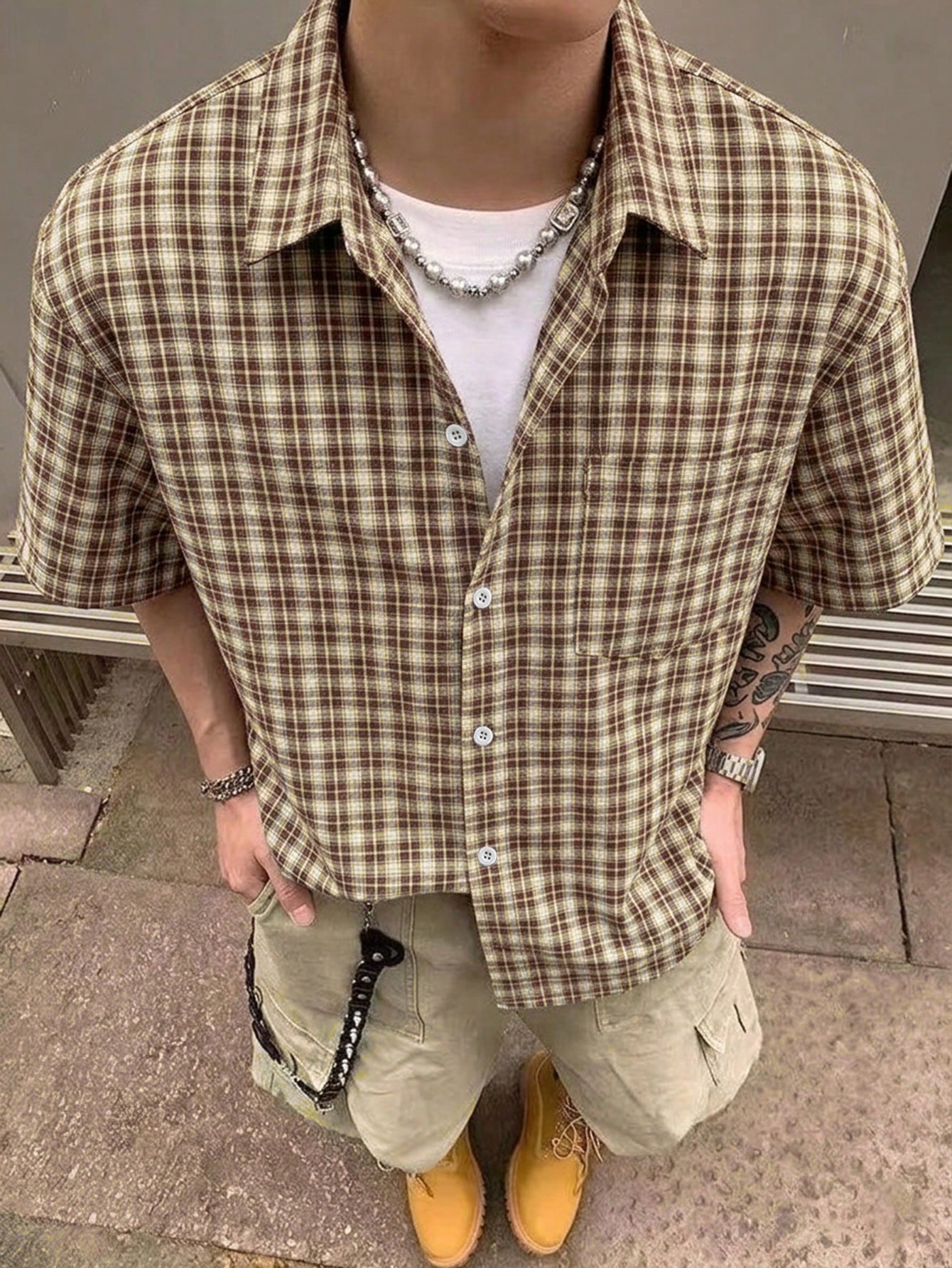 STEELVANCE Men's Brown Plaid Short Sleeve Shirt,Single Pocket Classic Style For Summer,Streetwear,City Break,Back-To-School,Comfortable Fabric Versatile Top