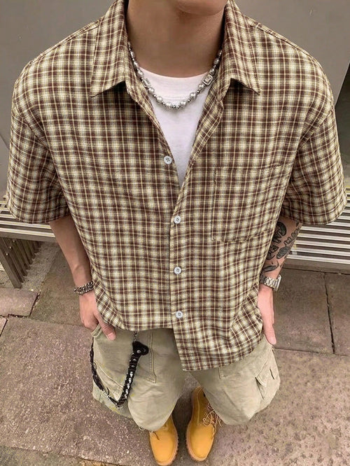 STEELVANCE Men's Brown Plaid Short Sleeve Shirt,Single Pocket Classic Style For Summer,Streetwear,City Break,Back-To-School,Comfortable Fabric Versatile Top