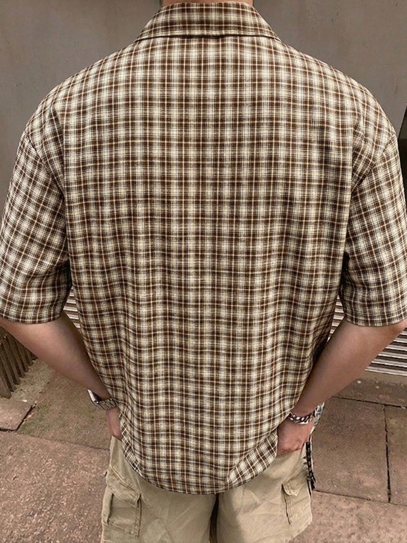 STEELVANCE Men's Brown Plaid Short Sleeve Shirt,Single Pocket Classic Style For Summer,Streetwear,City Break,Back-To-School,Comfortable Fabric Versatile Top