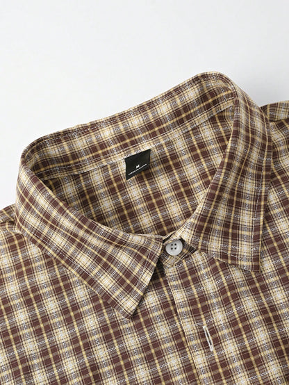 STEELVANCE Men's Brown Plaid Short Sleeve Shirt,Single Pocket Classic Style For Summer,Streetwear,City Break,Back-To-School,Comfortable Fabric Versatile Top