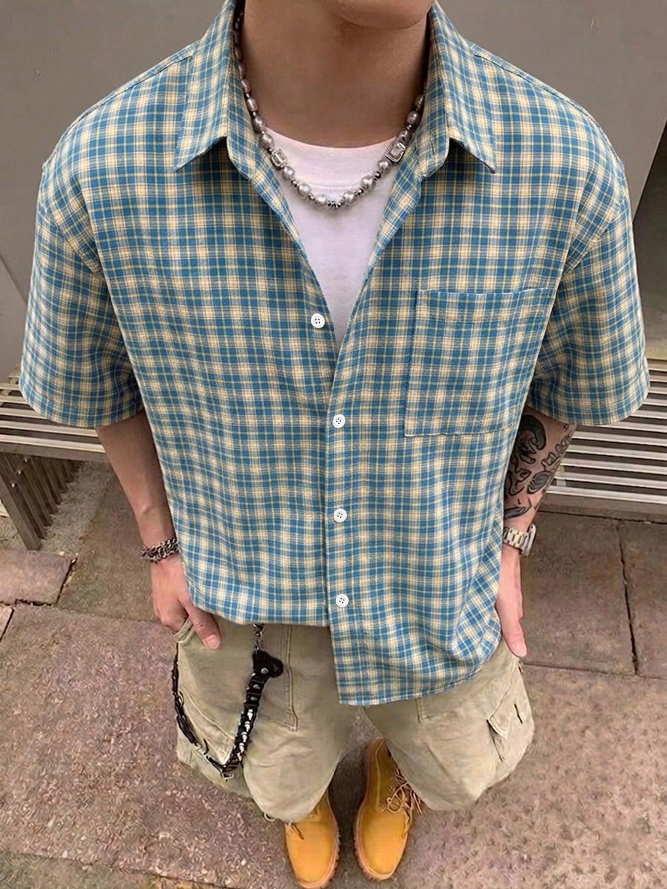 STEELVANCE Men's Brown Plaid Short Sleeve Shirt,Single Pocket Classic Style For Summer,Streetwear,City Break,Back-To-School,Comfortable Fabric Versatile Top