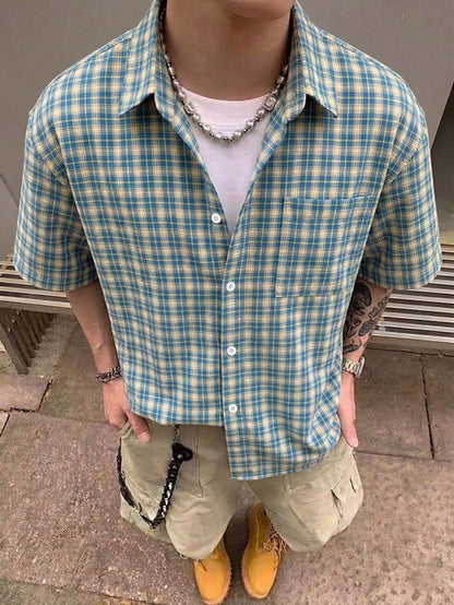 STEELVANCE Men's Brown Plaid Short Sleeve Shirt,Single Pocket Classic Style For Summer,Streetwear,City Break,Back-To-School,Comfortable Fabric Versatile Top