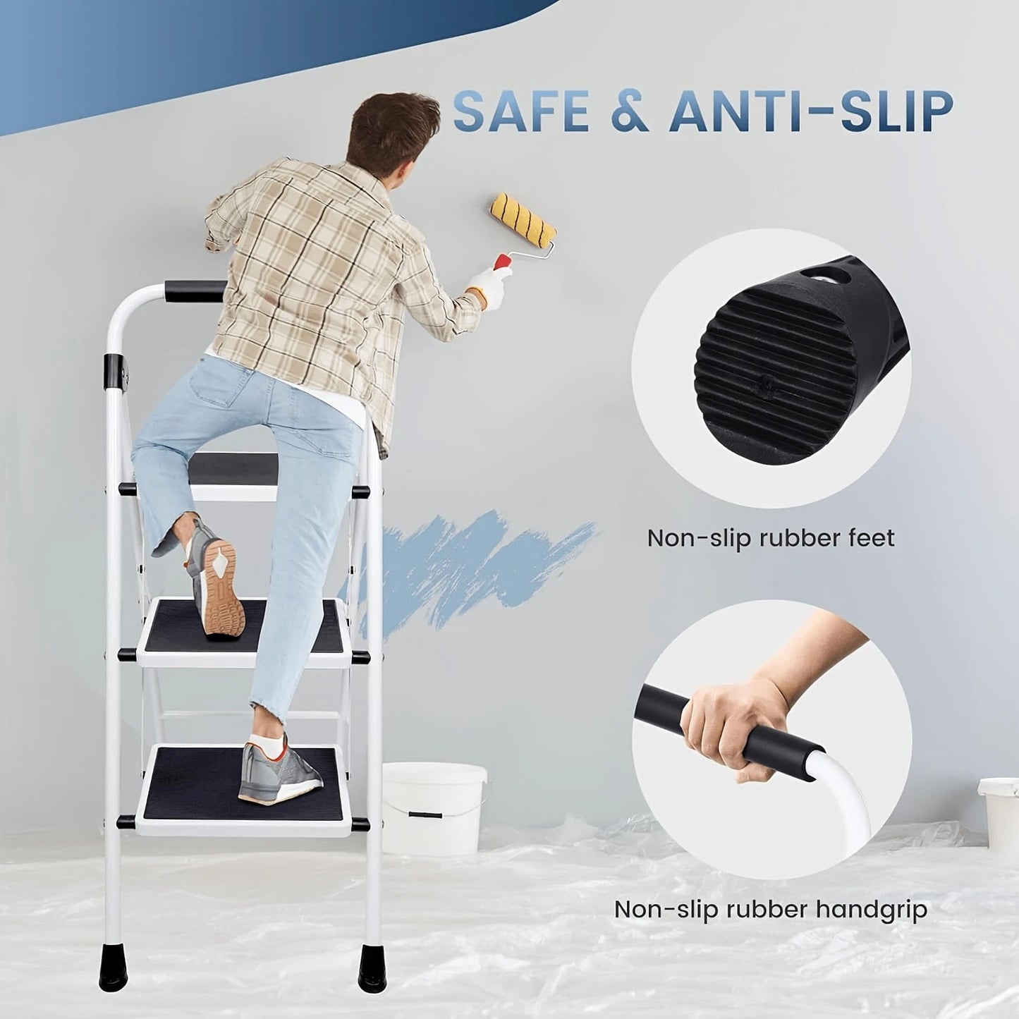 Step Ladder Foldable Folding Stool For Home Adults Kitchen 3 Stepping Extension Tall Heavy Duty With Handrails- Closet Stepstool Stair Ladders Extendable Stepladder For Indoor House 600Lbs