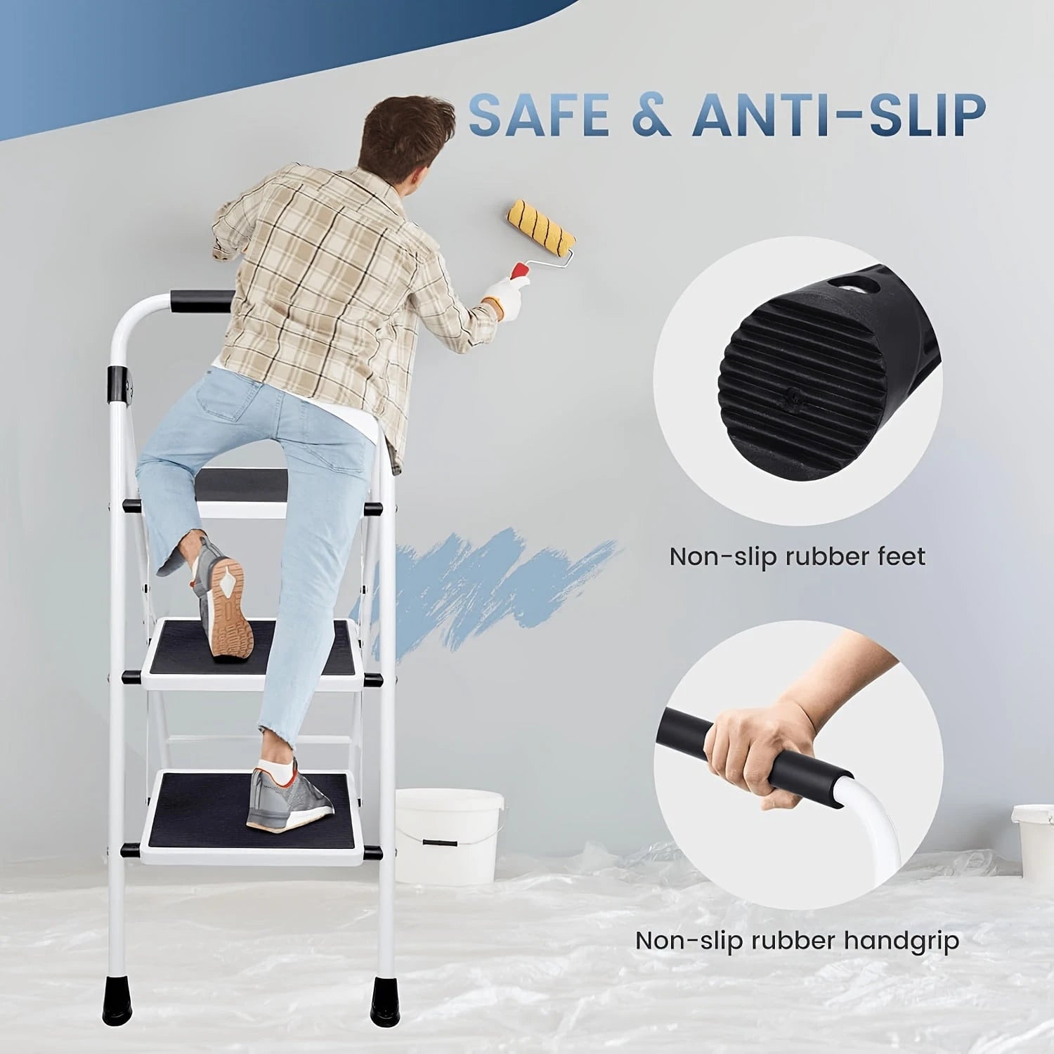 Step Ladder Foldable Folding Stool For Home Adults Kitchen 3 Stepping Extension Tall Heavy Duty With Handrails- Closet Stepstool Stair Ladders Extendable Stepladder For Indoor House 600Lbs