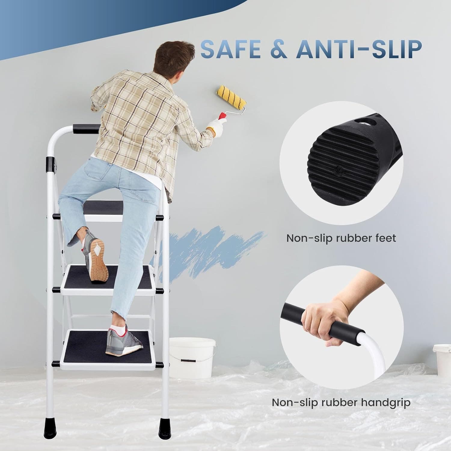 Step Ladder Foldable Folding Stool For Home Adults Kitchen 3 Stepping Extension Tall Heavy Duty With Handrails- Closet Stepstool Stair Ladders Extendable Stepladder For Indoor House 600Lbs
