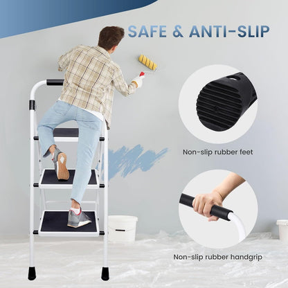 Step Ladder Foldable Folding Stool For Home Adults Kitchen 3 Stepping Extension Tall Heavy Duty With Handrails- Closet Stepstool Stair Ladders Extendable Stepladder For Indoor House 600Lbs