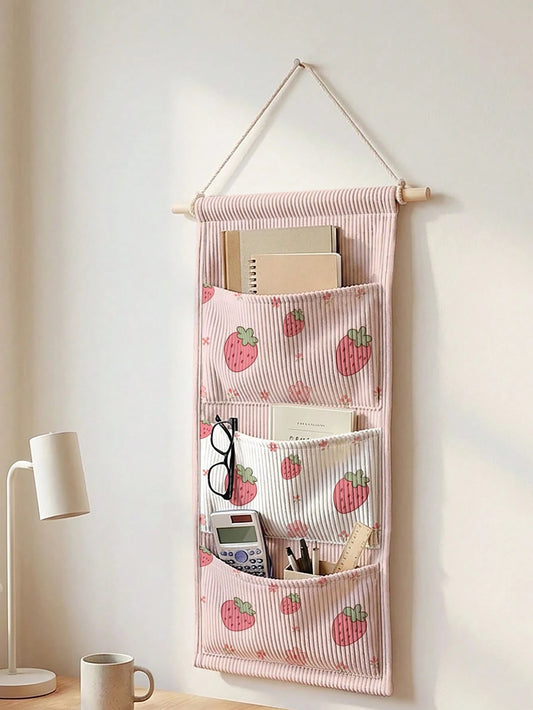 Strawberry Print Hanging Fabric Organizer Bag, Multi-Compartment Storage For Underwear, Socks And Miscellaneous Items, Student Dorm Door Hanging Bag, 58*28.5cm Large Capacity Home Bedroom Layered Hang
