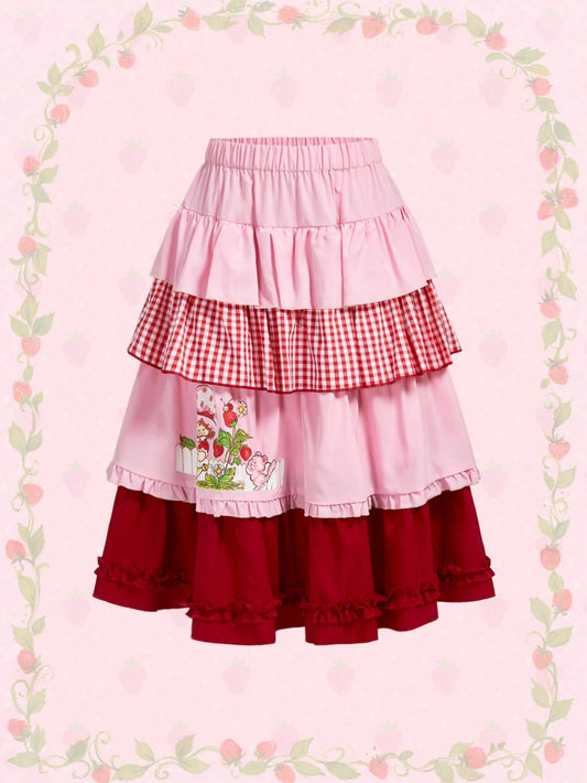 Strawberry Shortcake| ROMWE Women's Casual Vacation Style Cartoon Plaid Patchwork Contrast Color Print Elastic Waist Layered Ruffle Hem A-Line Skirt