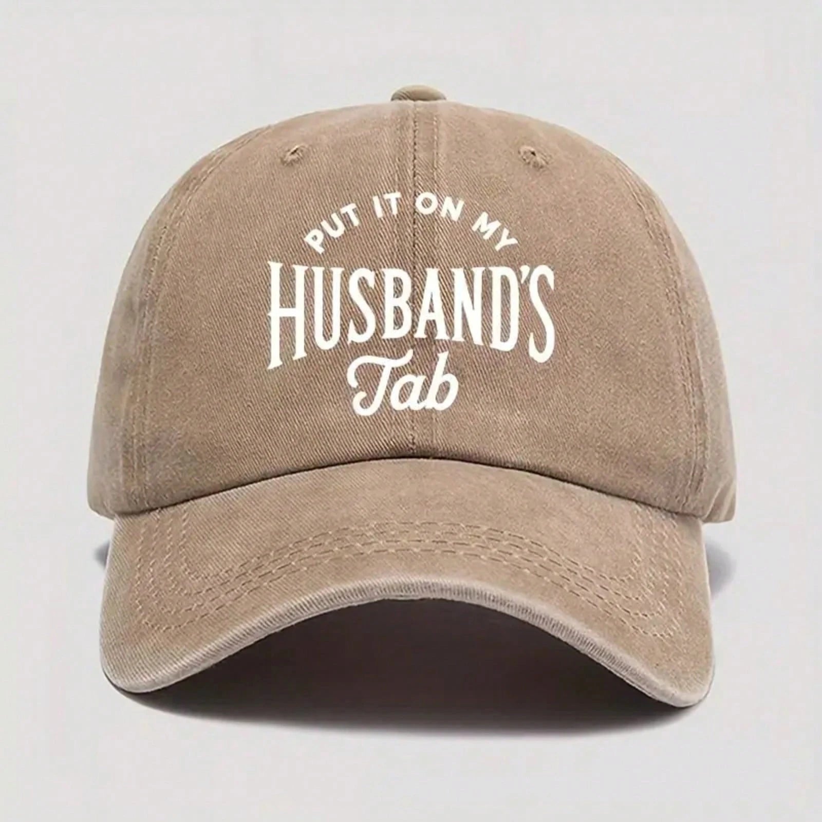 Street Fashion- Fun Print Baseball Cap- "Written On My Husband's Account" Washable Dad Hat, Soft And Comfortable Men's Outdoor Casual Hat, Beige With White Letters, Suitable For Daily Wear Vacation