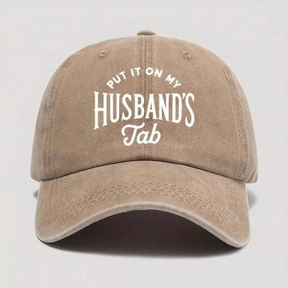 Street Fashion- Fun Print Baseball Cap- "Written On My Husband's Account" Washable Dad Hat, Soft And Comfortable Men's Outdoor Casual Hat, Beige With White Letters, Suitable For Daily Wear Vacation