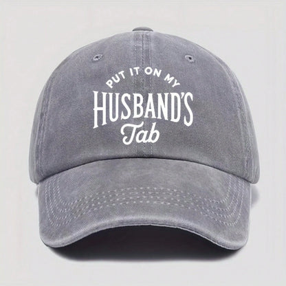 Street Fashion- Fun Print Baseball Cap- "Written On My Husband's Account" Washable Dad Hat, Soft And Comfortable Men's Outdoor Casual Hat, Beige With White Letters, Suitable For Daily Wear Vacation