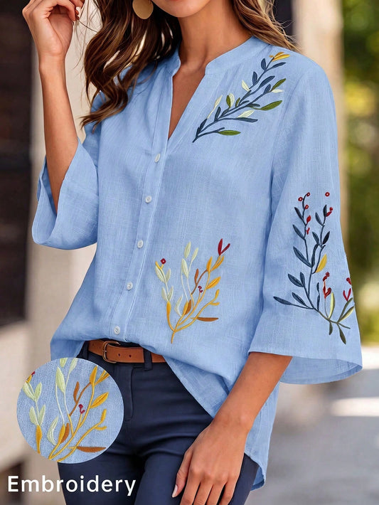 Summer Casual Women's Blue Short Sleeve Shirt Collar Top, Decorated With Exquisite Floral Embroidery, Suitable For Casual Vacation Wear