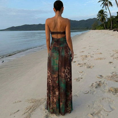 Summer Dresses For WomenGold Chain Halter Cutout Ruched Waist Draped Front Side Slit Maxi Dress, Brown Green Tie Dye Vacation Beach Sdresses For Women