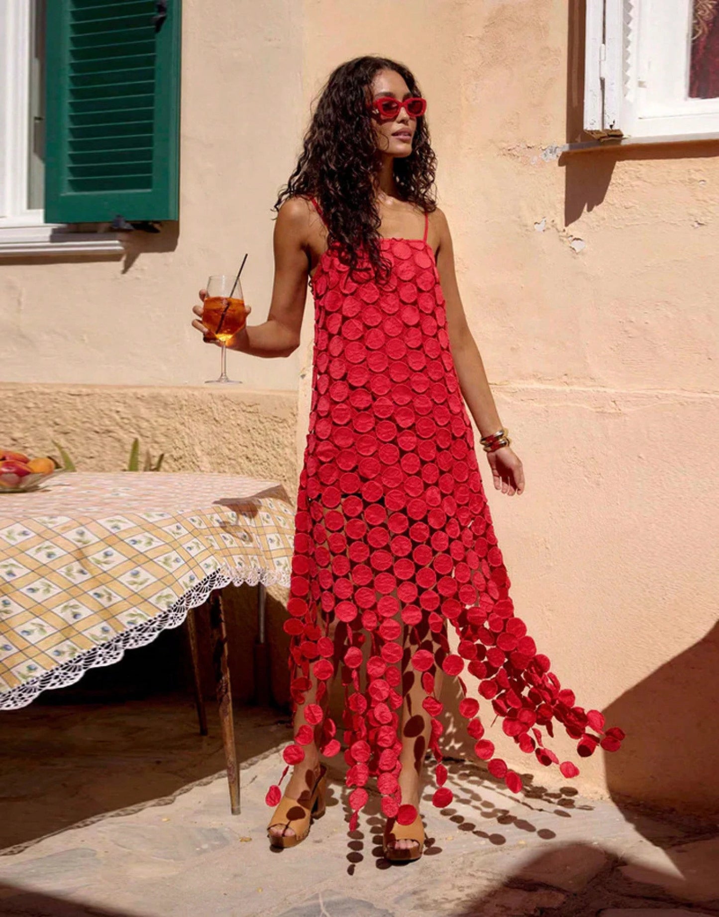 Summer Vacation Beach Slip Dress, Women Spaghetti Strap 3D Circular Disc Hollow Out Fringe Hem Party Midi Dress