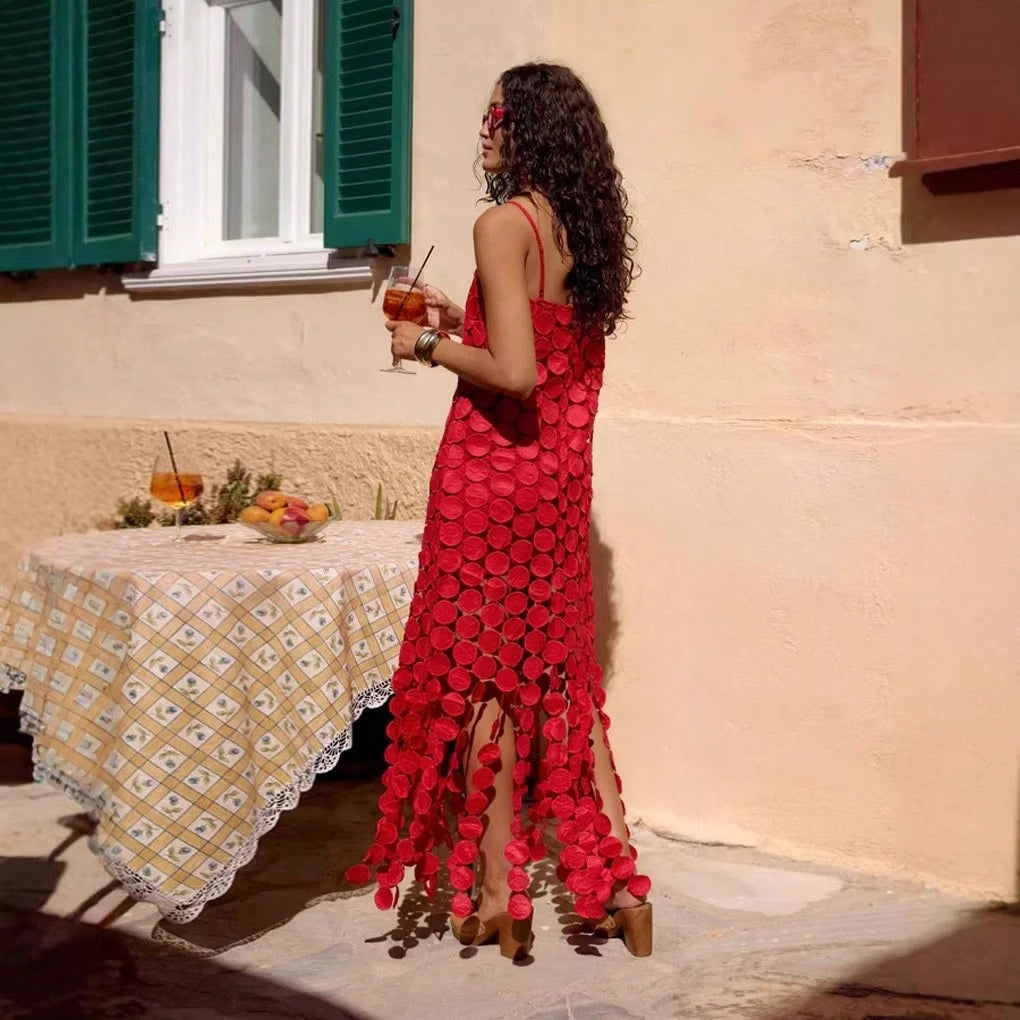Summer Vacation Beach Slip Dress, Women Spaghetti Strap 3D Circular Disc Hollow Out Fringe Hem Party Midi Dress