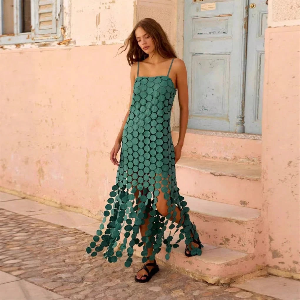 Summer Vacation Beach Slip Dress, Women Spaghetti Strap 3D Circular Disc Hollow Out Fringe Hem Party Midi Dress