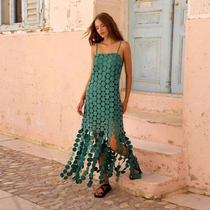Summer Vacation Beach Slip Dress, Women Spaghetti Strap 3D Circular Disc Hollow Out Fringe Hem Party Midi Dress