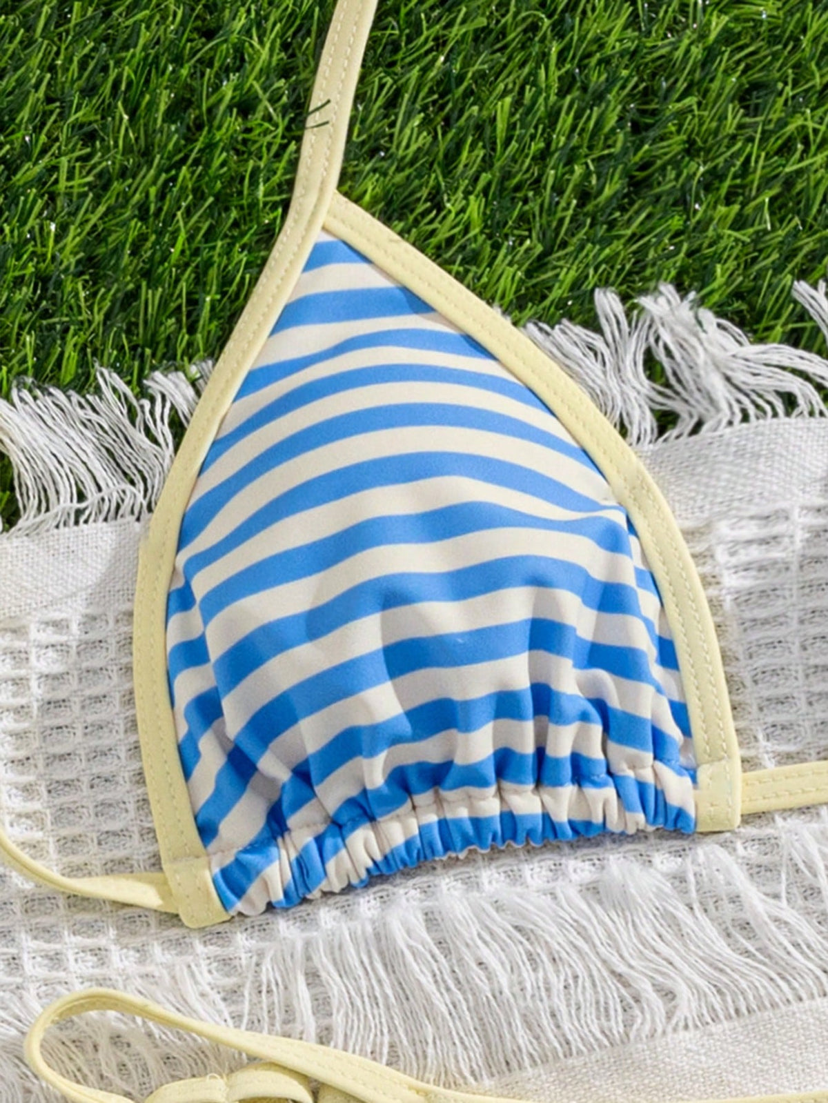 Summer Women's Sexy Blue & White Striped Bikini Two-Piece Swimsuit Set, Halter Neck Backless Design, Suitable For Parties, Music Festivals, Graduation Season Occasions; Elegant Women's Swimwear, Fashi