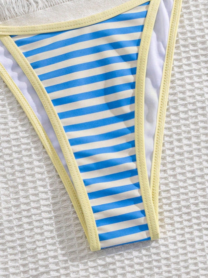 Summer Women's Sexy Blue & White Striped Bikini Two-Piece Swimsuit Set, Halter Neck Backless Design, Suitable For Parties, Music Festivals, Graduation Season Occasions; Elegant Women's Swimwear, Fashi
