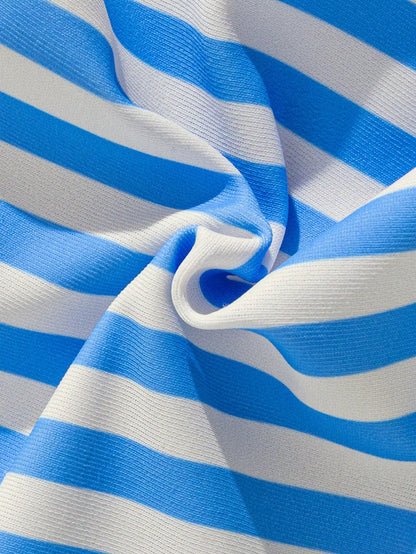 Summer Women's Sexy Blue & White Striped Bikini Two-Piece Swimsuit Set, Halter Neck Backless Design, Suitable For Parties, Music Festivals, Graduation Season Occasions; Elegant Women's Swimwear, Fashi