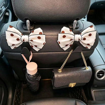 Sweet Style Large Bow Car Hanging Hook, White Polka Dot Design, Multi-Functional Car Seat Back Storage Tool, Exquisite Polka Dot Bow Car Hook, 1 Pair, Luxury Car Interior Decoration And Practical Stor