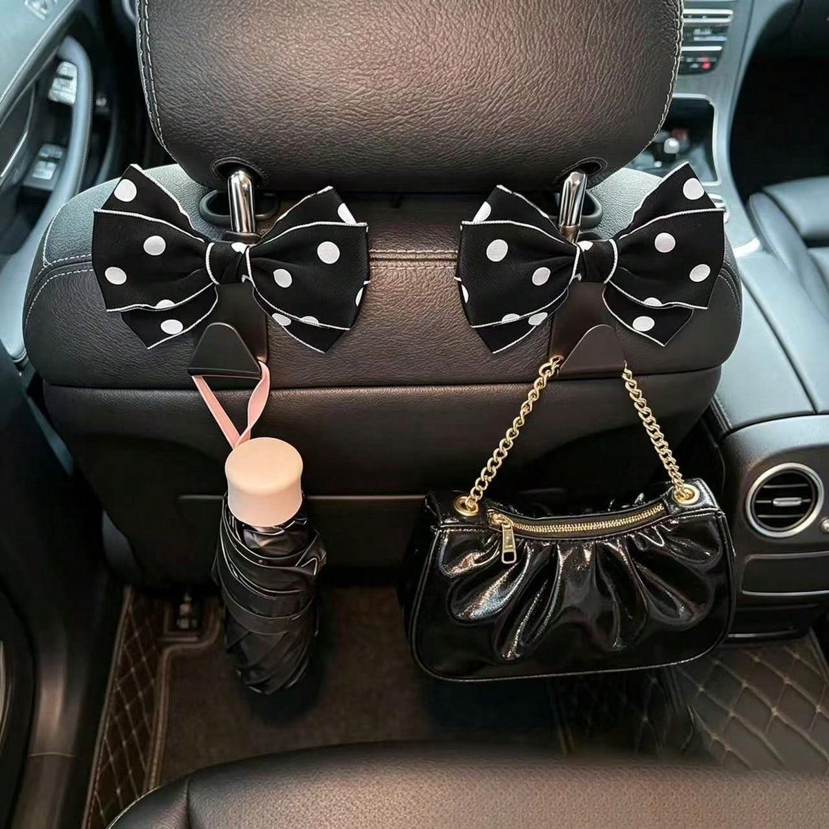 Sweet Style Large Bow Car Hanging Hook, White Polka Dot Design, Multi-Functional Car Seat Back Storage Tool, Exquisite Polka Dot Bow Car Hook, 1 Pair, Luxury Car Interior Decoration And Practical Stor