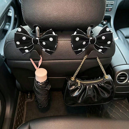 Sweet Style Large Bow Car Hanging Hook, White Polka Dot Design, Multi-Functional Car Seat Back Storage Tool, Exquisite Polka Dot Bow Car Hook, 1 Pair, Luxury Car Interior Decoration And Practical Stor