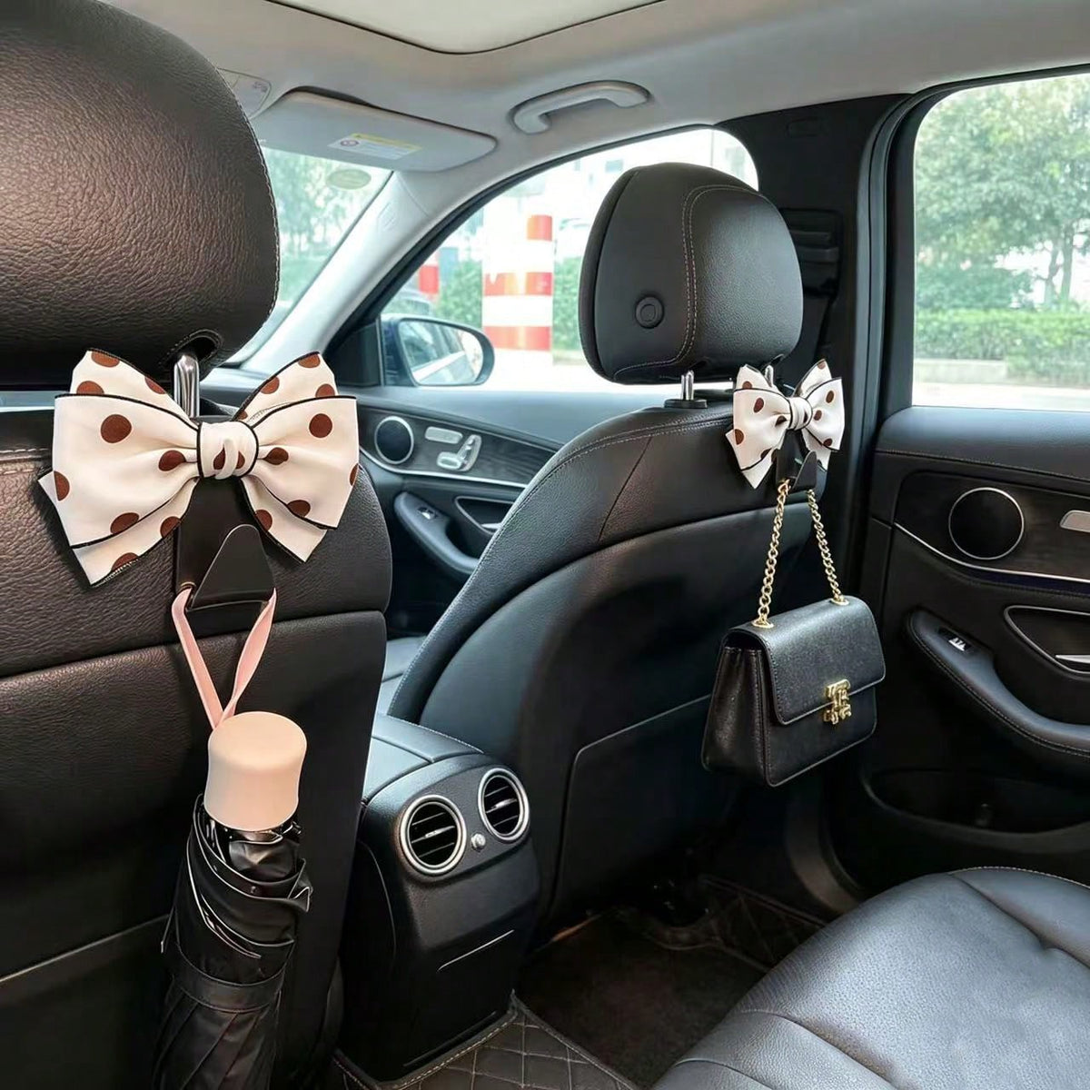 Sweet Style Large Bow Car Hanging Hook, White Polka Dot Design, Multi-Functional Car Seat Back Storage Tool, Exquisite Polka Dot Bow Car Hook, 1 Pair, Luxury Car Interior Decoration And Practical Stor