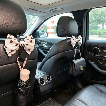 Sweet Style Large Bow Car Hanging Hook, White Polka Dot Design, Multi-Functional Car Seat Back Storage Tool, Exquisite Polka Dot Bow Car Hook, 1 Pair, Luxury Car Interior Decoration And Practical Stor