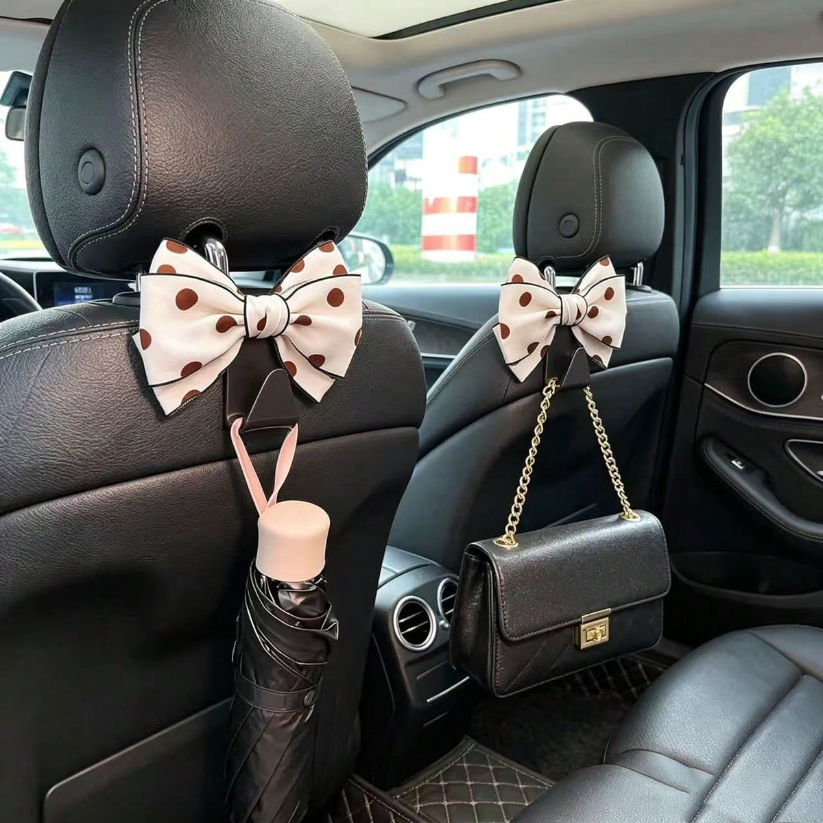 Sweet Style Large Bow Car Hanging Hook, White Polka Dot Design, Multi-Functional Car Seat Back Storage Tool, Exquisite Polka Dot Bow Car Hook, 1 Pair, Luxury Car Interior Decoration And Practical Stor