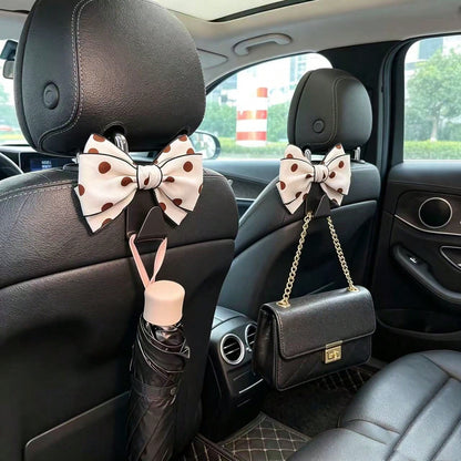 Sweet Style Large Bow Car Hanging Hook, White Polka Dot Design, Multi-Functional Car Seat Back Storage Tool, Exquisite Polka Dot Bow Car Hook, 1 Pair, Luxury Car Interior Decoration And Practical Stor