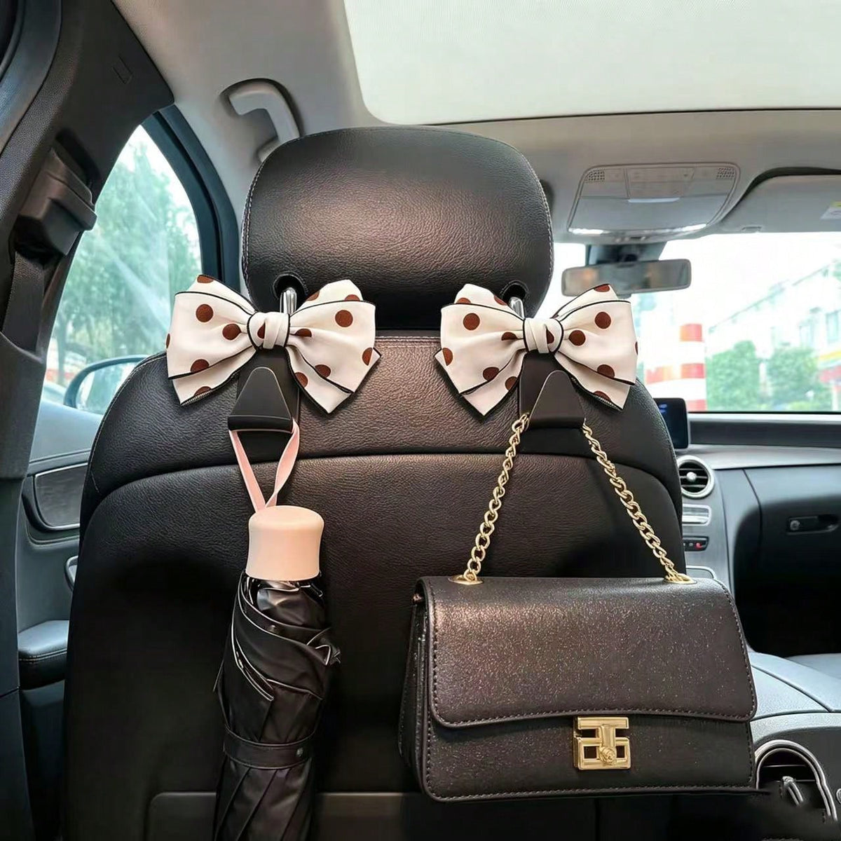 Sweet Style Large Bow Car Hanging Hook, White Polka Dot Design, Multi-Functional Car Seat Back Storage Tool, Exquisite Polka Dot Bow Car Hook, 1 Pair, Luxury Car Interior Decoration And Practical Stor