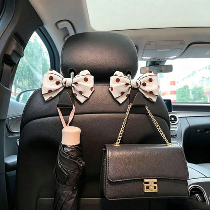 Sweet Style Large Bow Car Hanging Hook, White Polka Dot Design, Multi-Functional Car Seat Back Storage Tool, Exquisite Polka Dot Bow Car Hook, 1 Pair, Luxury Car Interior Decoration And Practical Stor