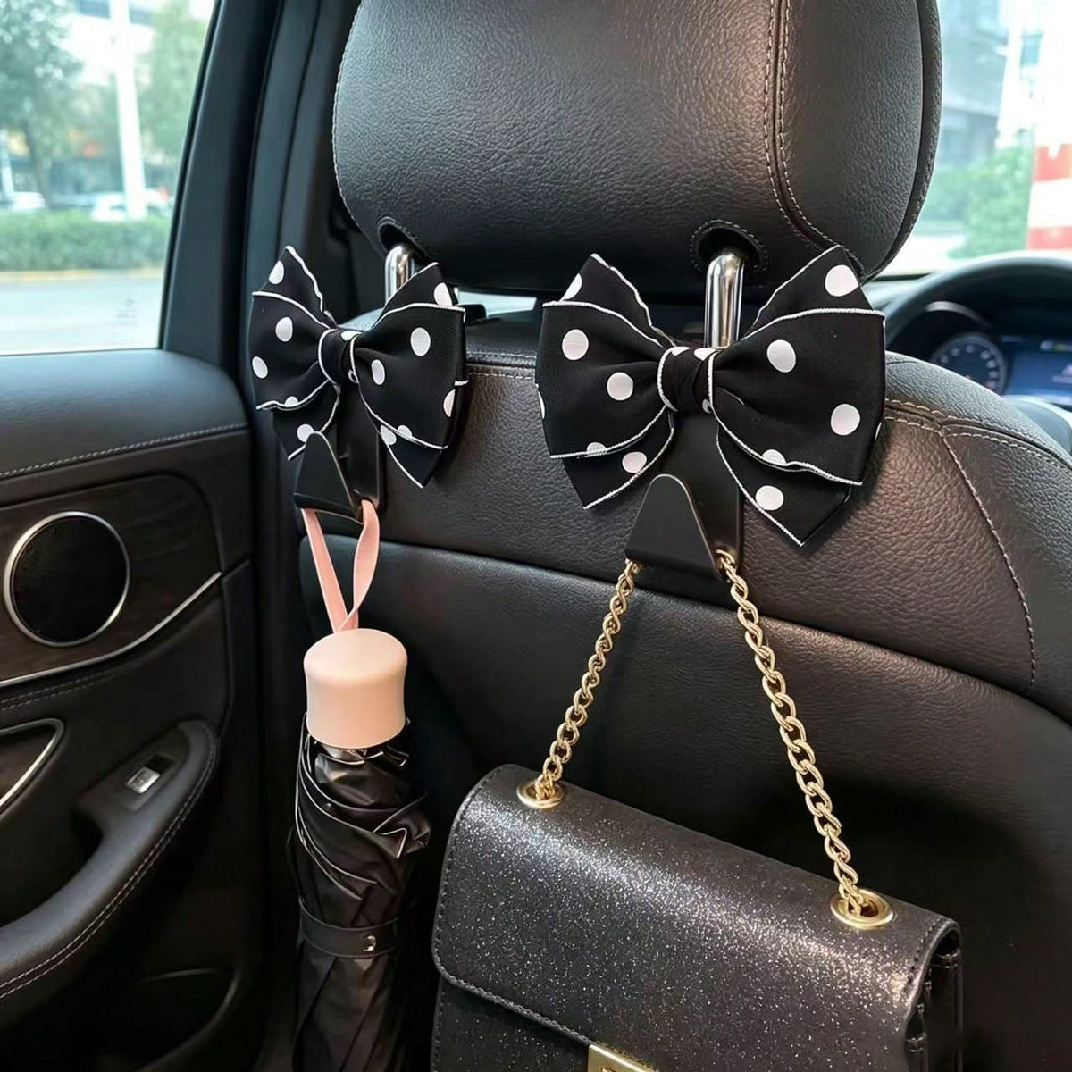 Sweet Style Large Bow Car Hanging Hook, White Polka Dot Design, Multi-Functional Car Seat Back Storage Tool, Exquisite Polka Dot Bow Car Hook, 1 Pair, Luxury Car Interior Decoration And Practical Stor